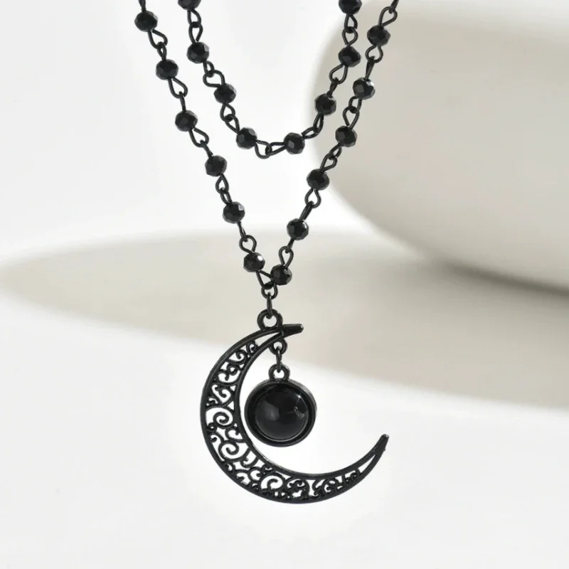 Layered Pendant Necklace Aesthetic - Kadınlar için Gotik Katmanlı Hilal Kolye,