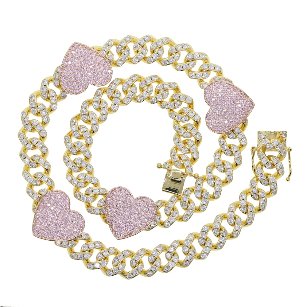 Cuban Link Chain 12Mm - Yeni 12mm genişlik pembe kalp buzlu